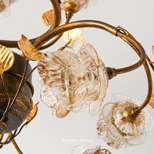 Antique Black Chandelier Lighting With Gold Sand Rose Flower Lamp Shades - 9 Lights