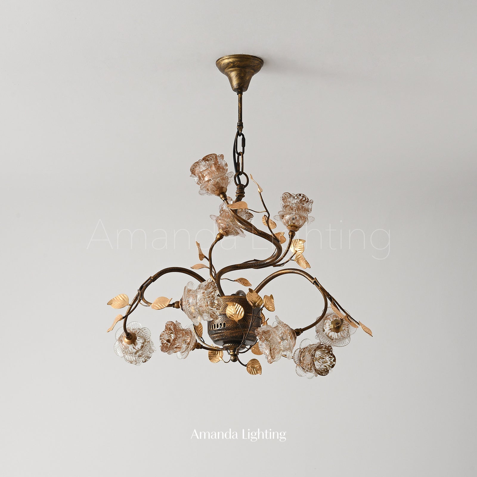 Antique Black Chandelier Lighting With Gold Sand Rose Flower Lamp Shades - 9 Lights