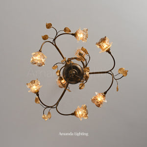 Antique Black Chandelier Lighting With Gold Sand Rose Flower Lamp Shades - 9 Lights