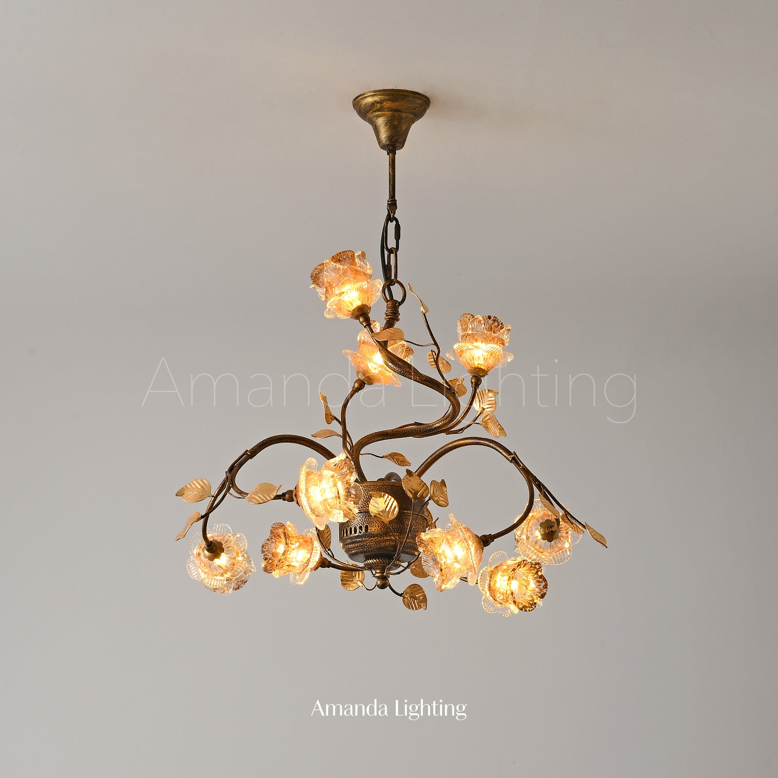 Antique Black Chandelier Lighting With Gold Sand Rose Flower Lamp Shades - 9 Lights