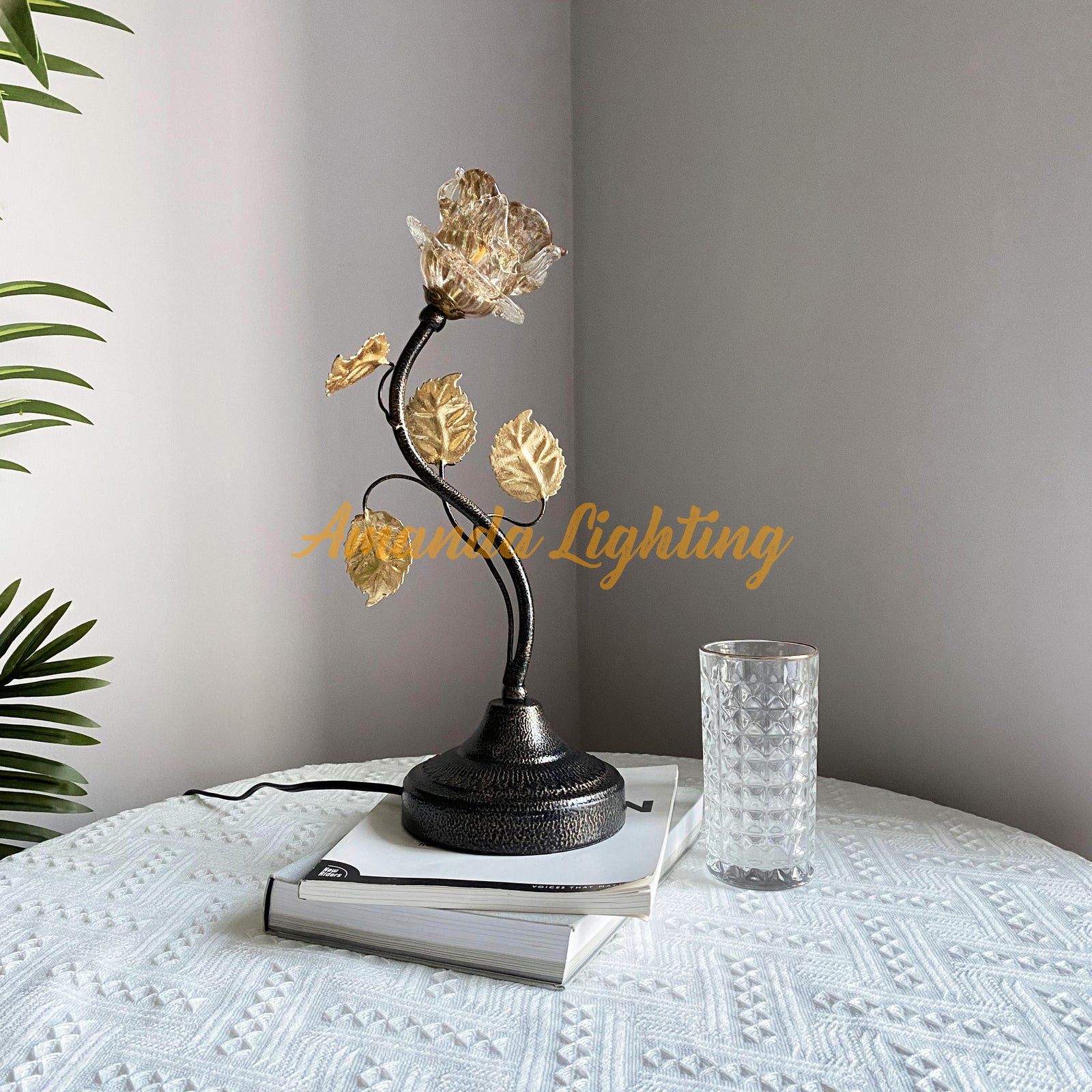 Antique Table Lamp With Gold Sand Rose Flower Lamp Shade - 1 Light