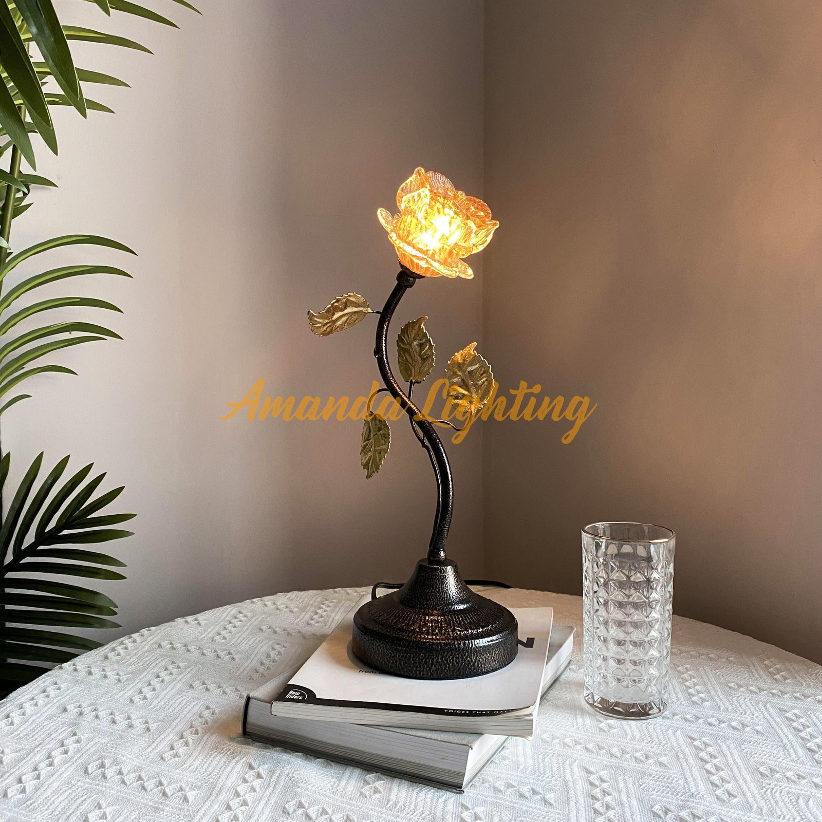 Antique Table Lamp With Gold Sand Rose Flower Lamp Shade - 1 Light