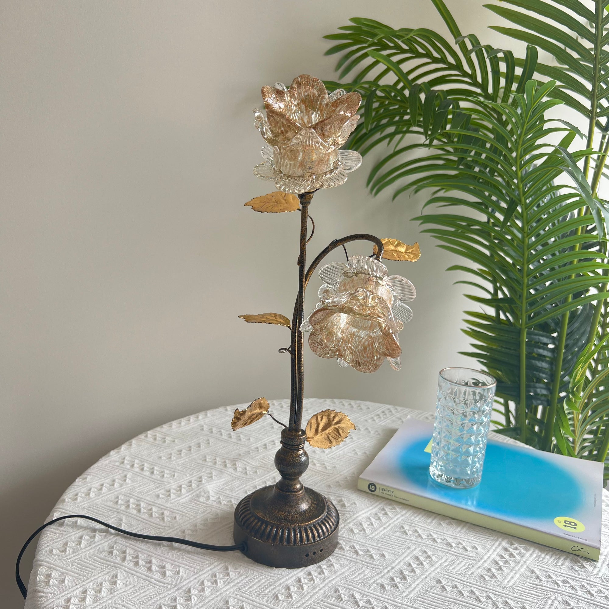 Antique Table Lamp With Gold Sand Rose Flower Lamp Shades - 2 Lights
