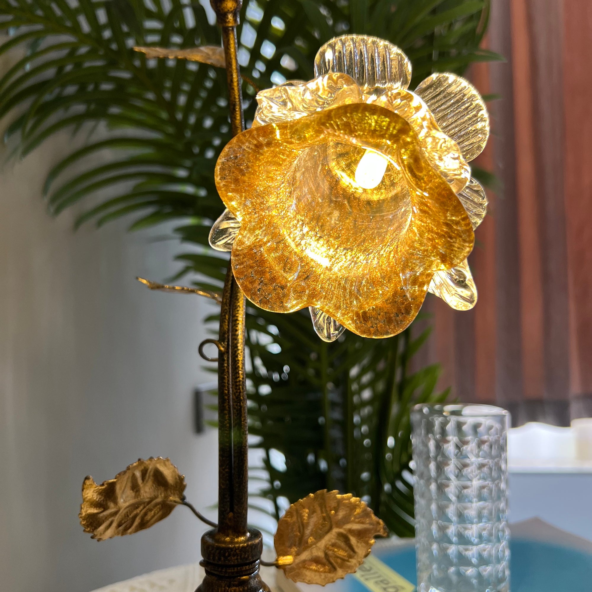 Antique Table Lamp With Gold Sand Rose Flower Lamp Shades - 2 Lights