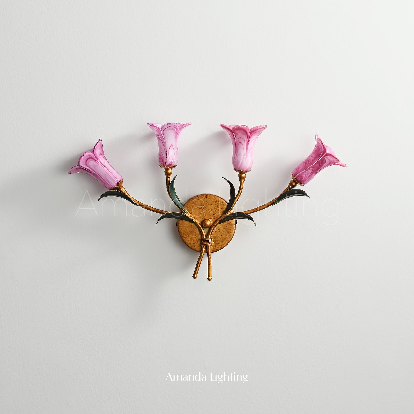 Art Deco Wall Sconce Light With Purple Glass Lily Flower Lamp Shades - 4 Lights