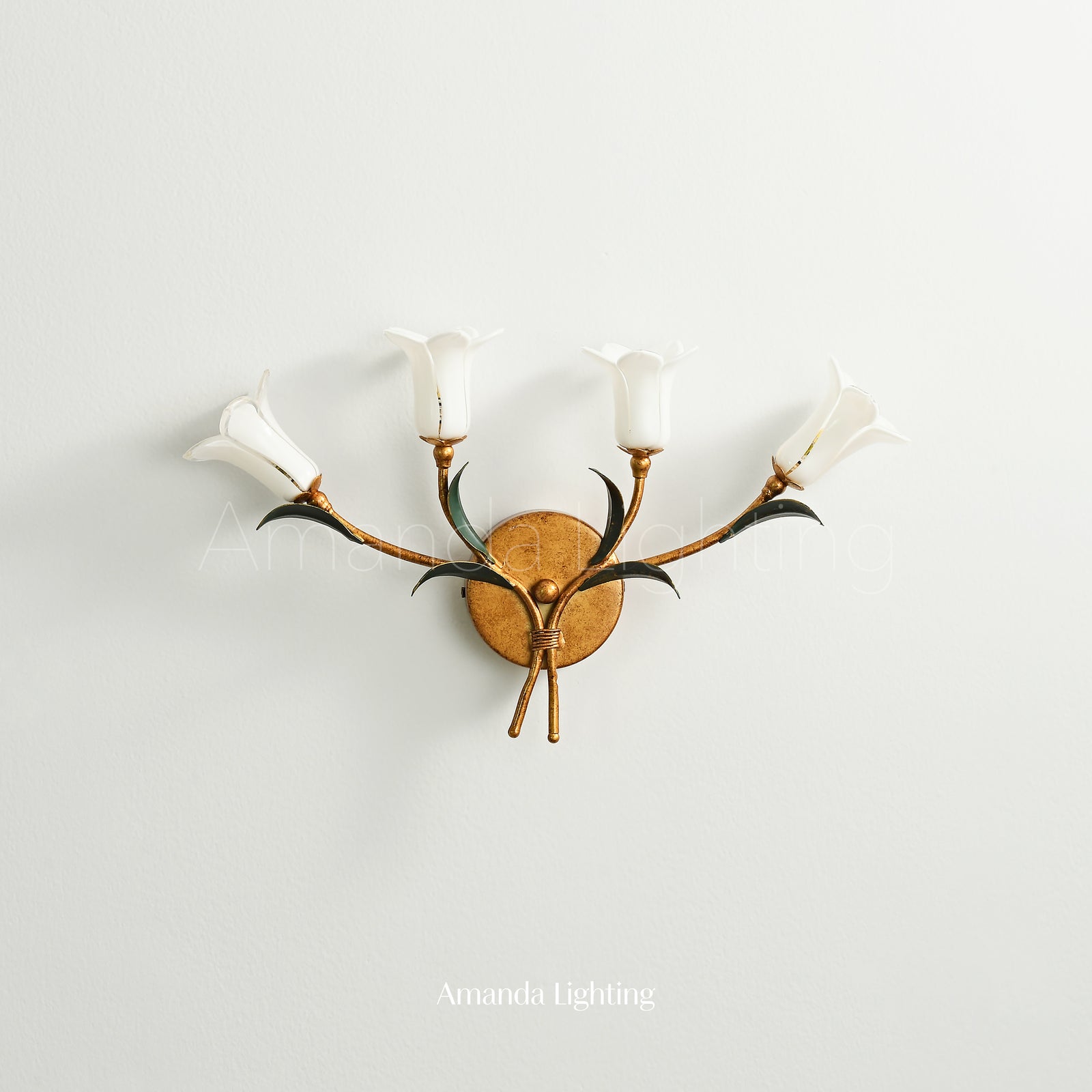 Art Deco Wall Sconce Light With White Glass Lily Flower Lamp Shades - 4 Lights