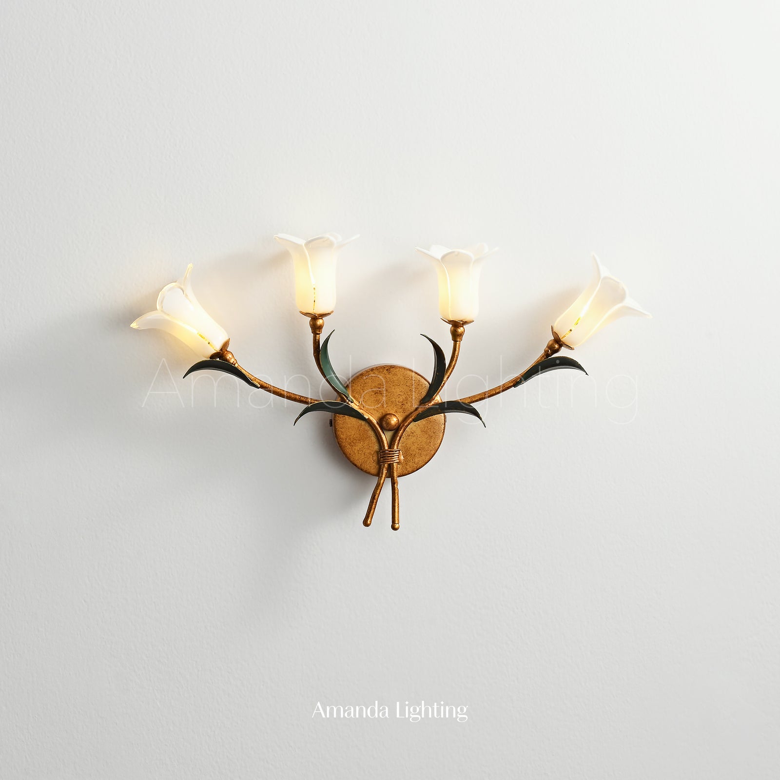 Art Deco Wall Sconce Light With White Glass Lily Flower Lamp Shades - 4 Lights