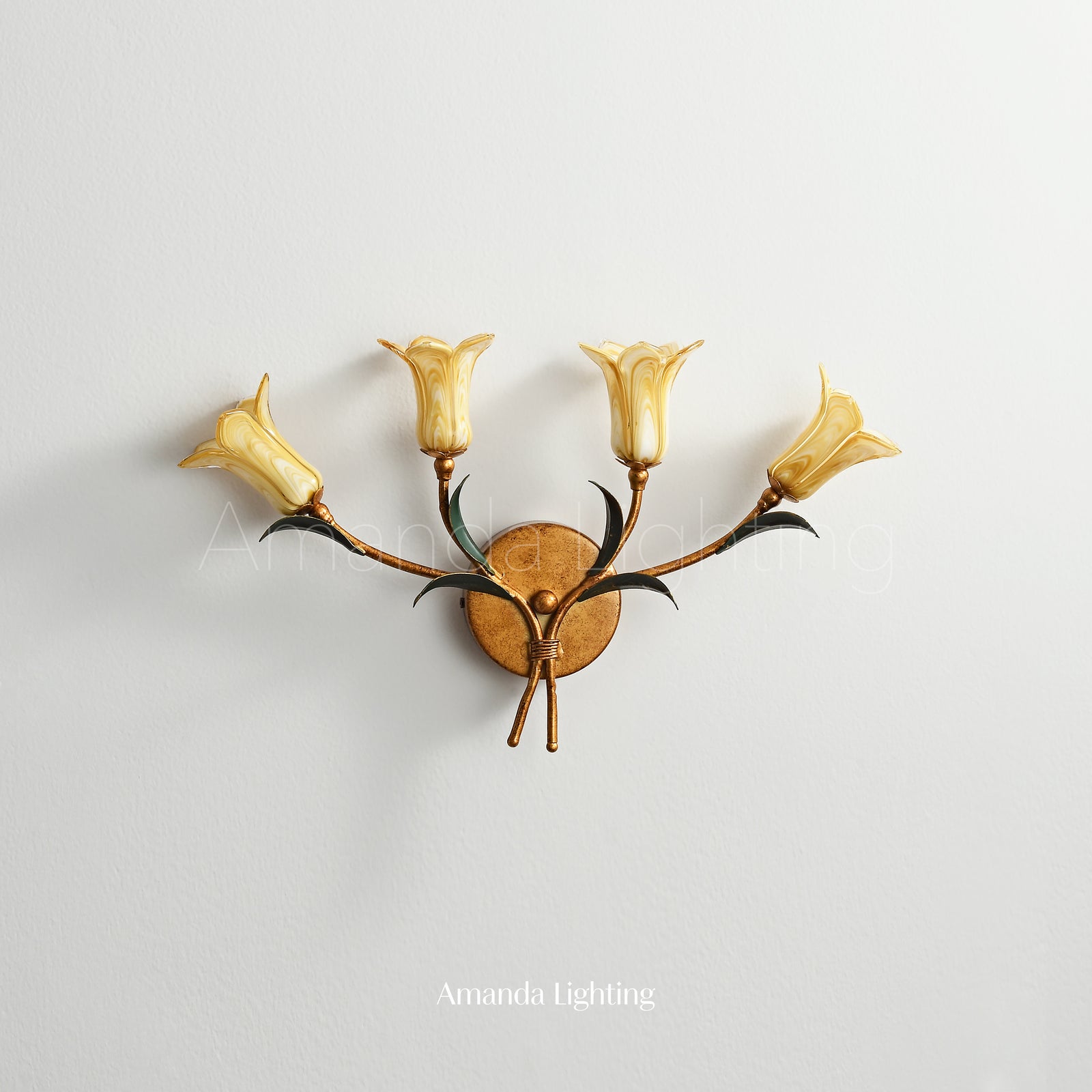 Art Deco Wall Sconce Light With Yellow Glass Lily Flower Lamp Shades - 4 Lights