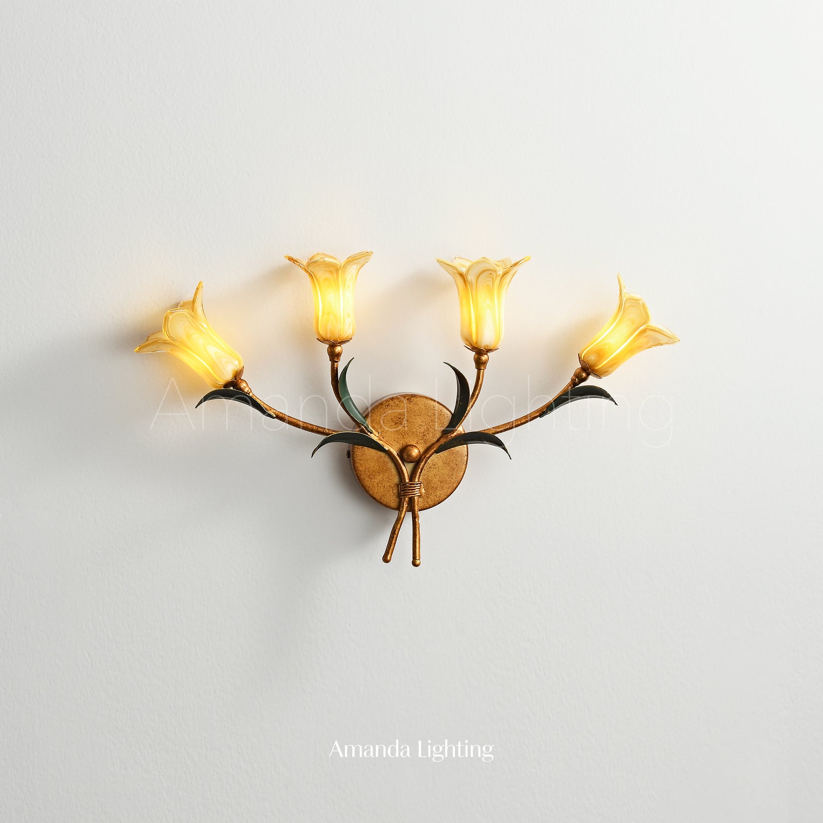 Art Deco Wall Sconce Light With Yellow Glass Lily Flower Lamp Shades - 4 Lights