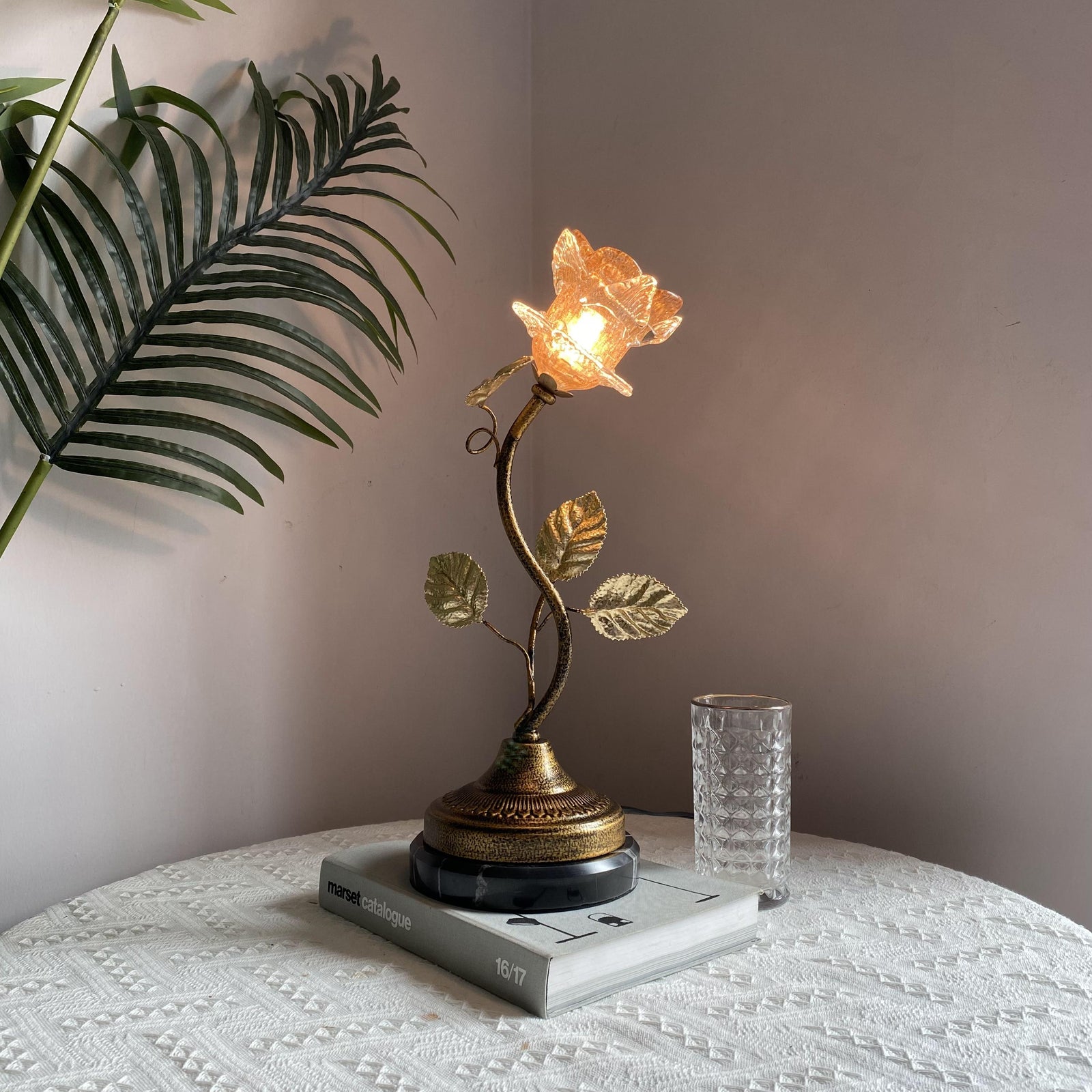 Antique Gold Sand Rose Flower Table Lamp With Marble Base - 1 Light