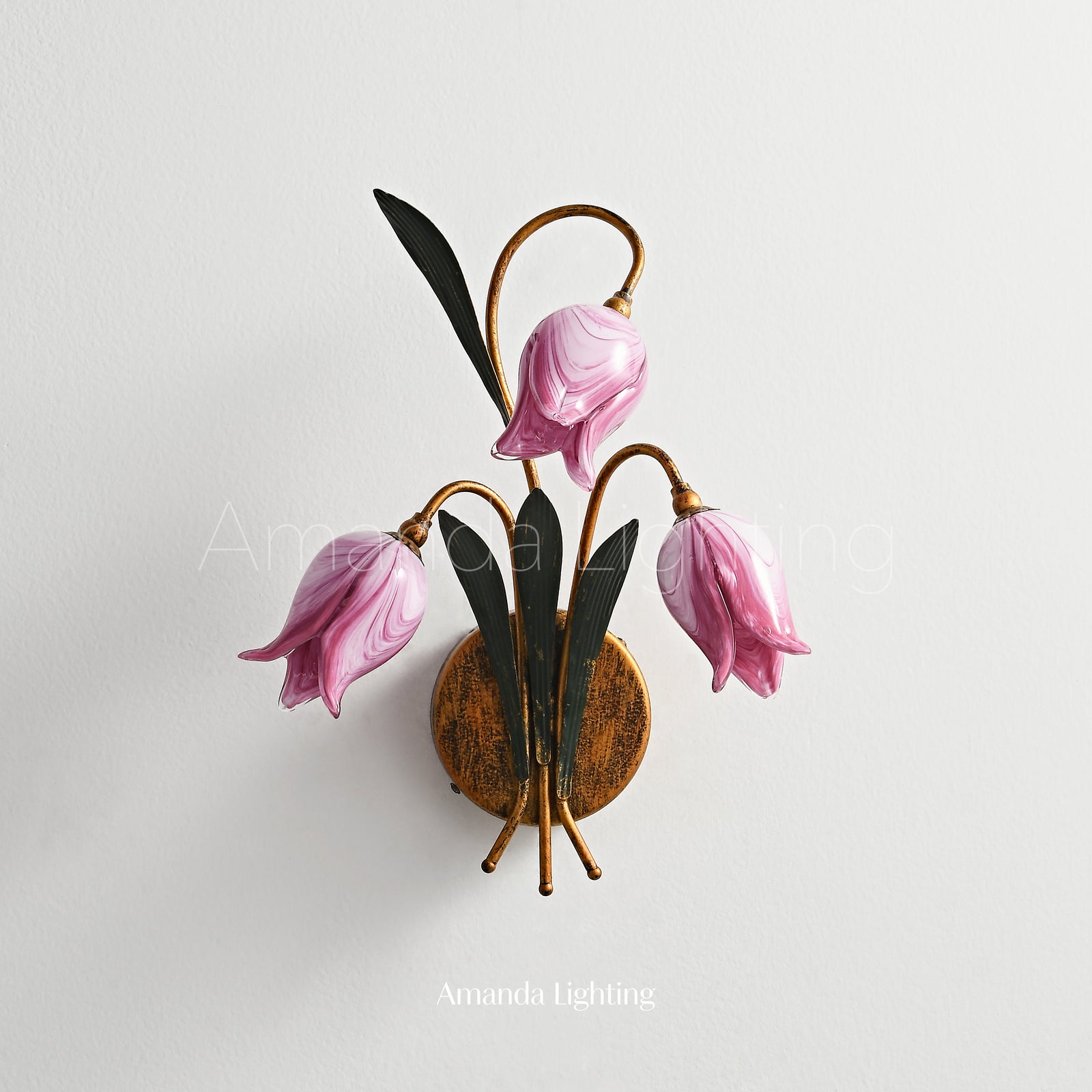 Antique Black Wall Sconce Light With Purple Pink Glass Tulip Lamp Shades - 3 Lights