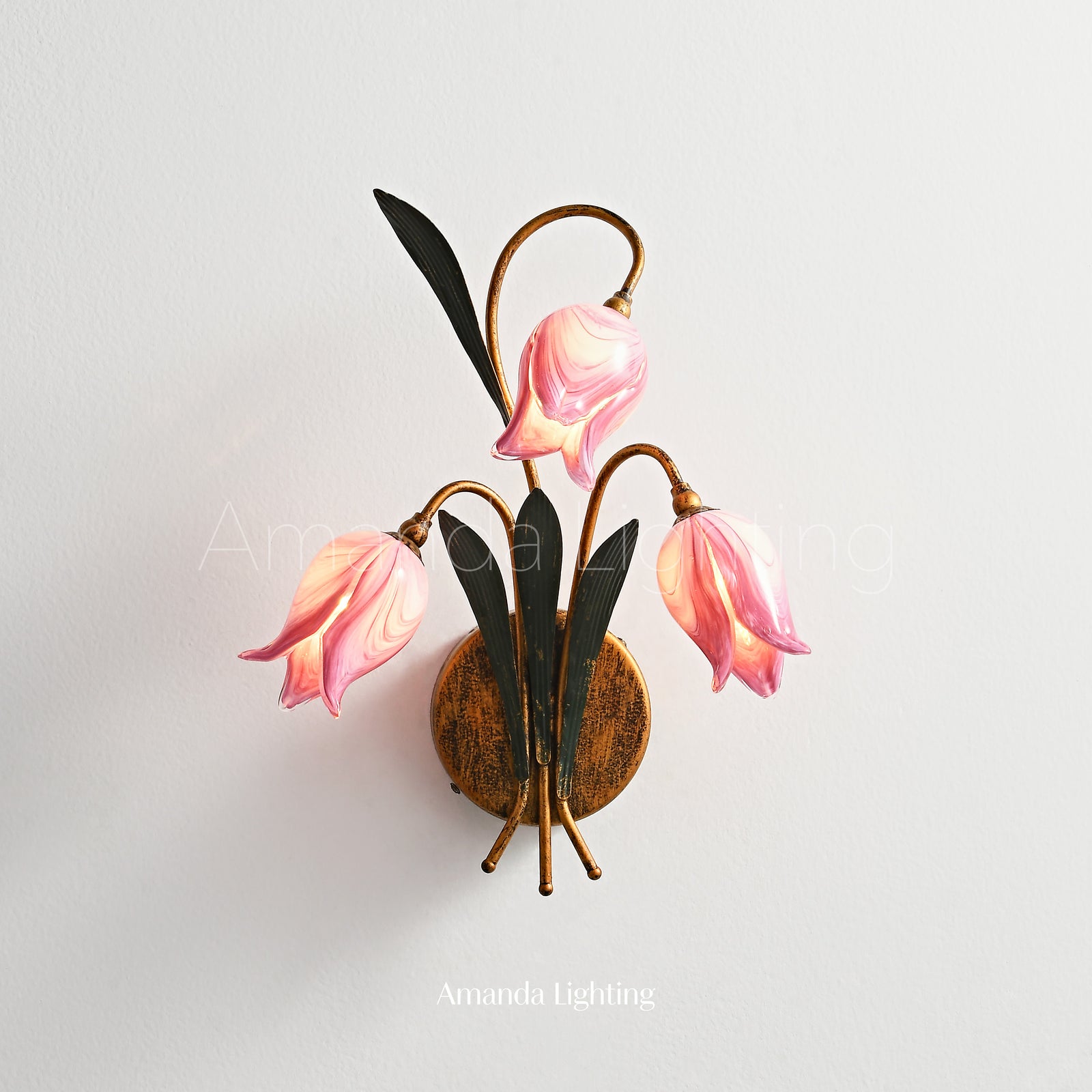 Antique Black Wall Sconce Light With Purple Pink Glass Tulip Lamp Shades - 3 Lights