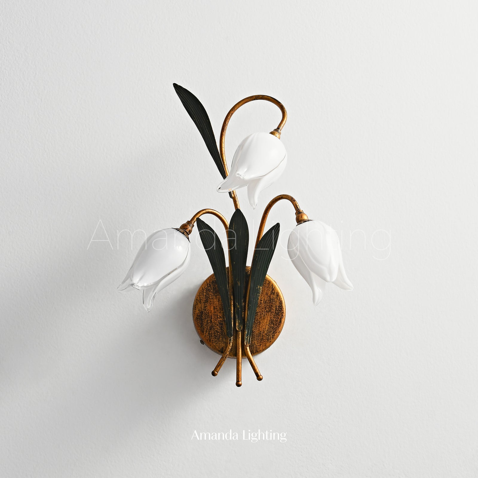 Antique Black Wall Sconce Light With White Glass Tulip Lamp Shades - 3 Lights