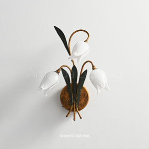 Antique Black Wall Sconce Light With White Glass Tulip Lamp Shades - 3 Lights