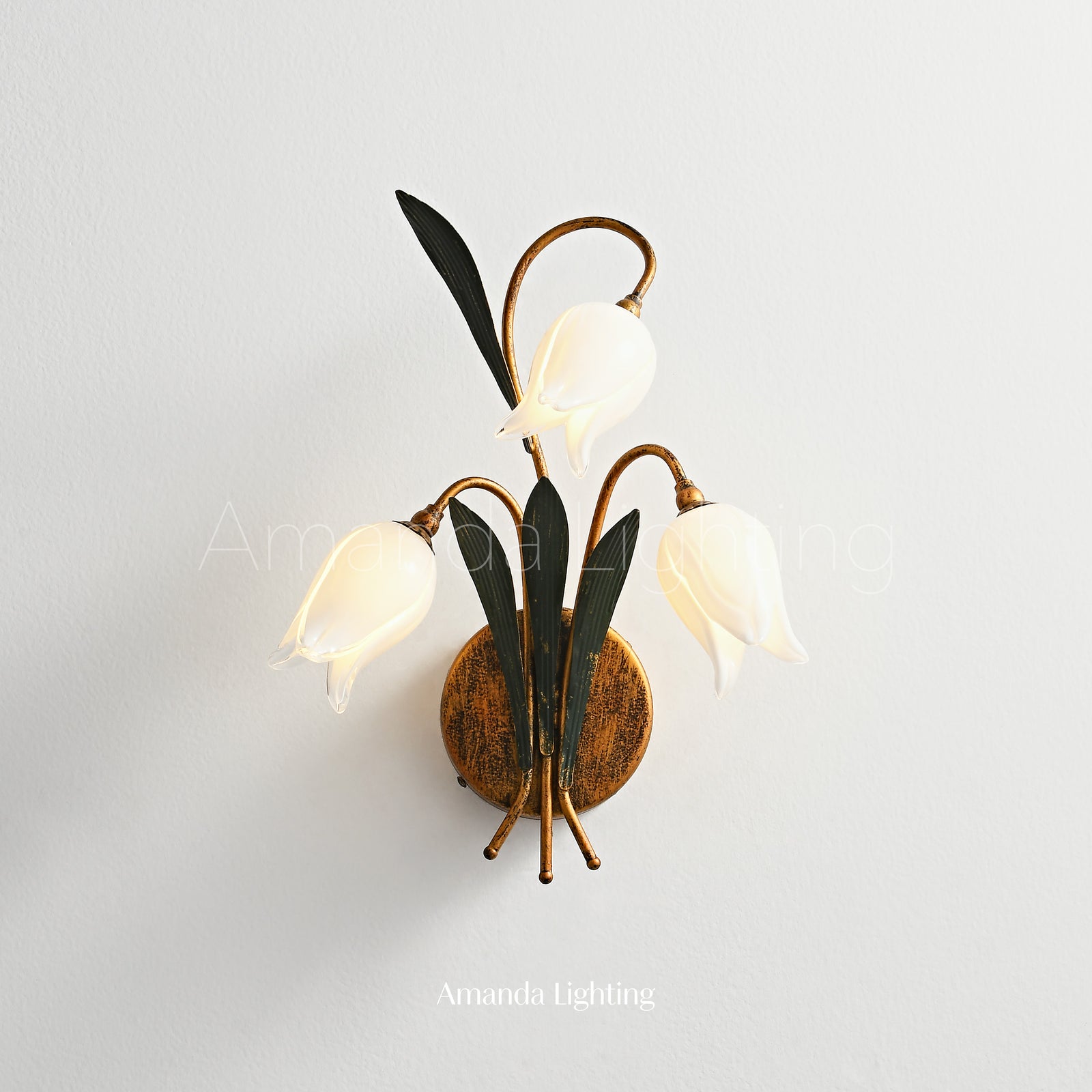 Antique Black Wall Sconce Light With White Glass Tulip Lamp Shades - 3 Lights