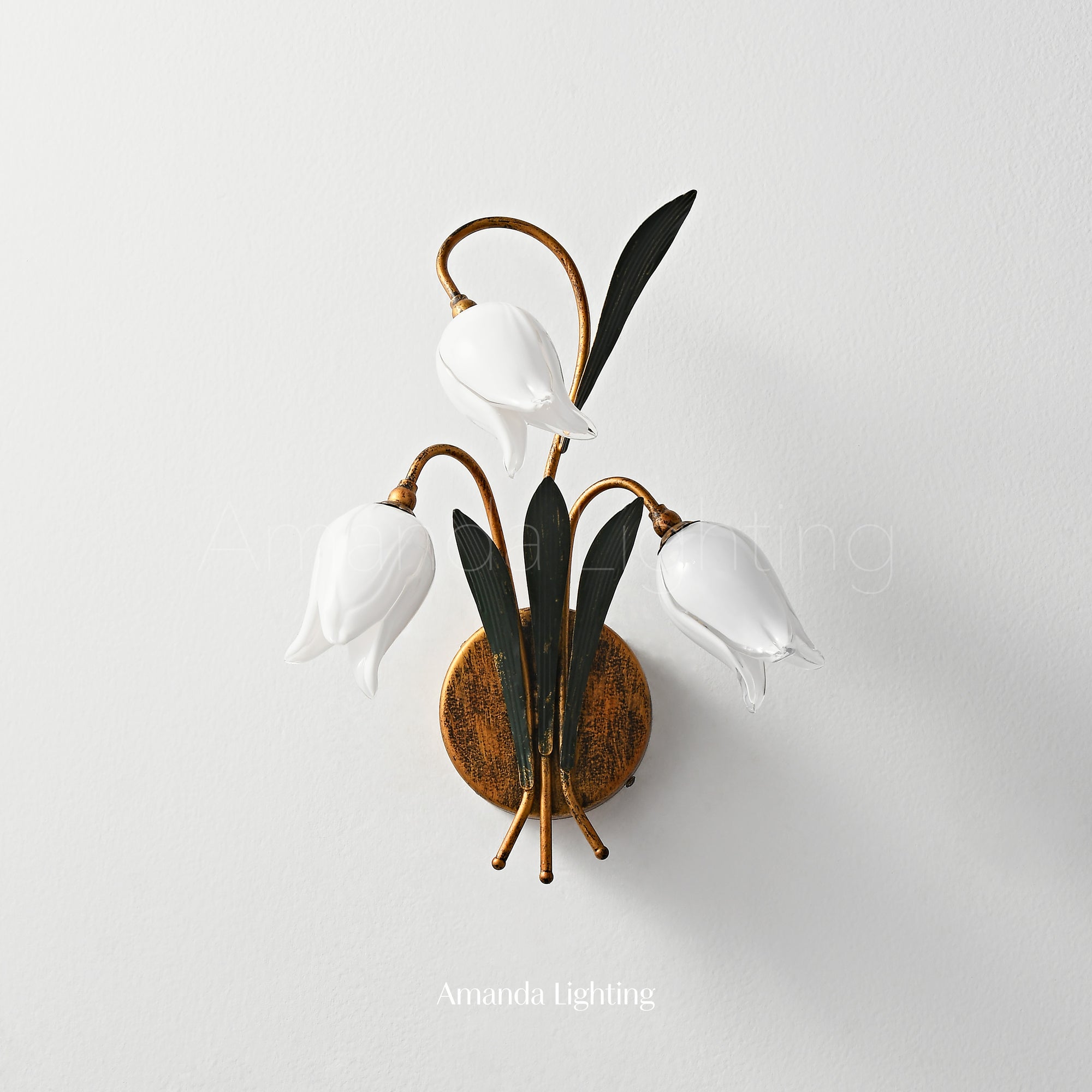 Antique Black Wall Sconce Light With White Glass Tulip Lamp Shades - 3 Lights