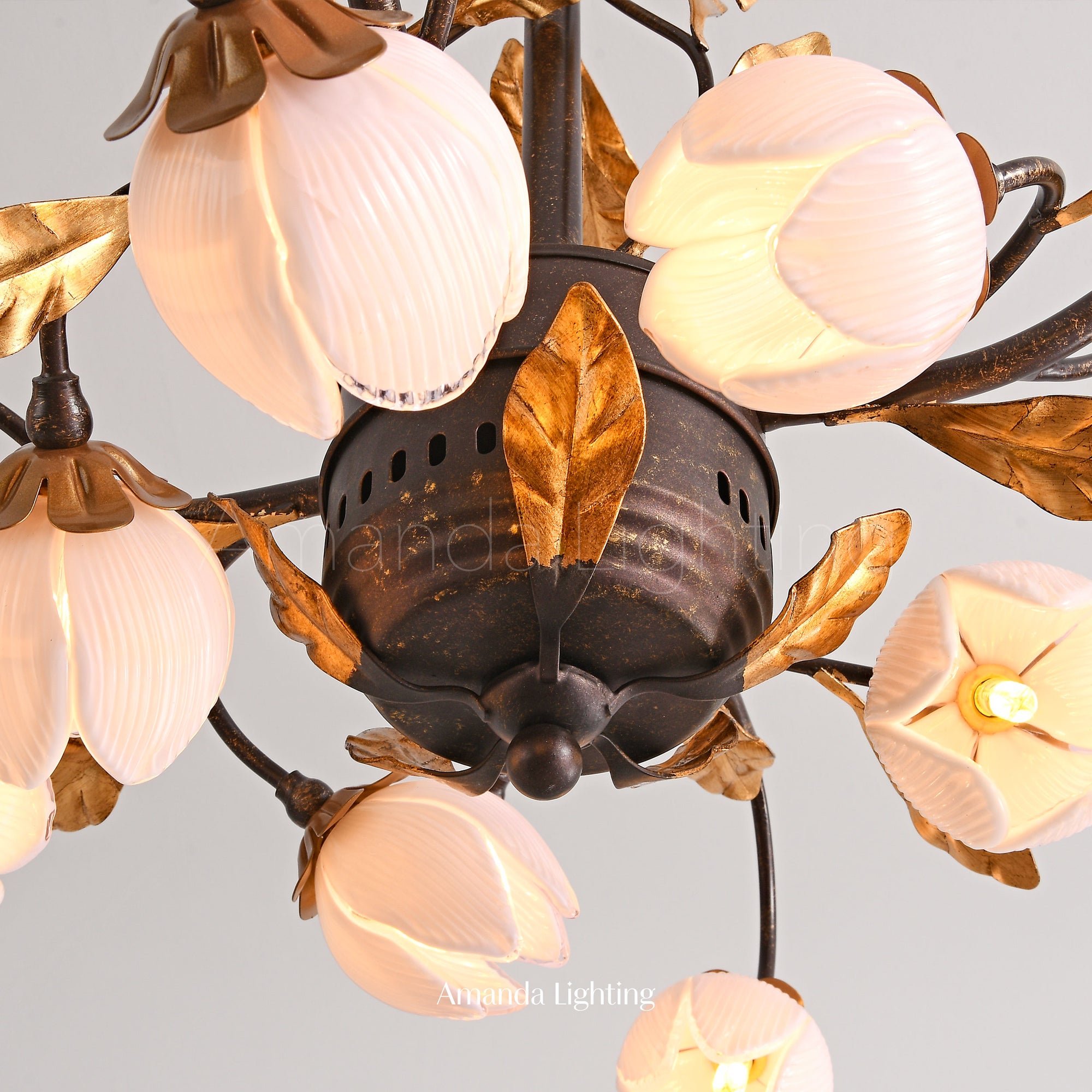 Romantic Chandelier Lighting With Pink Tulip Flower Lamp Shades - 12 Lights