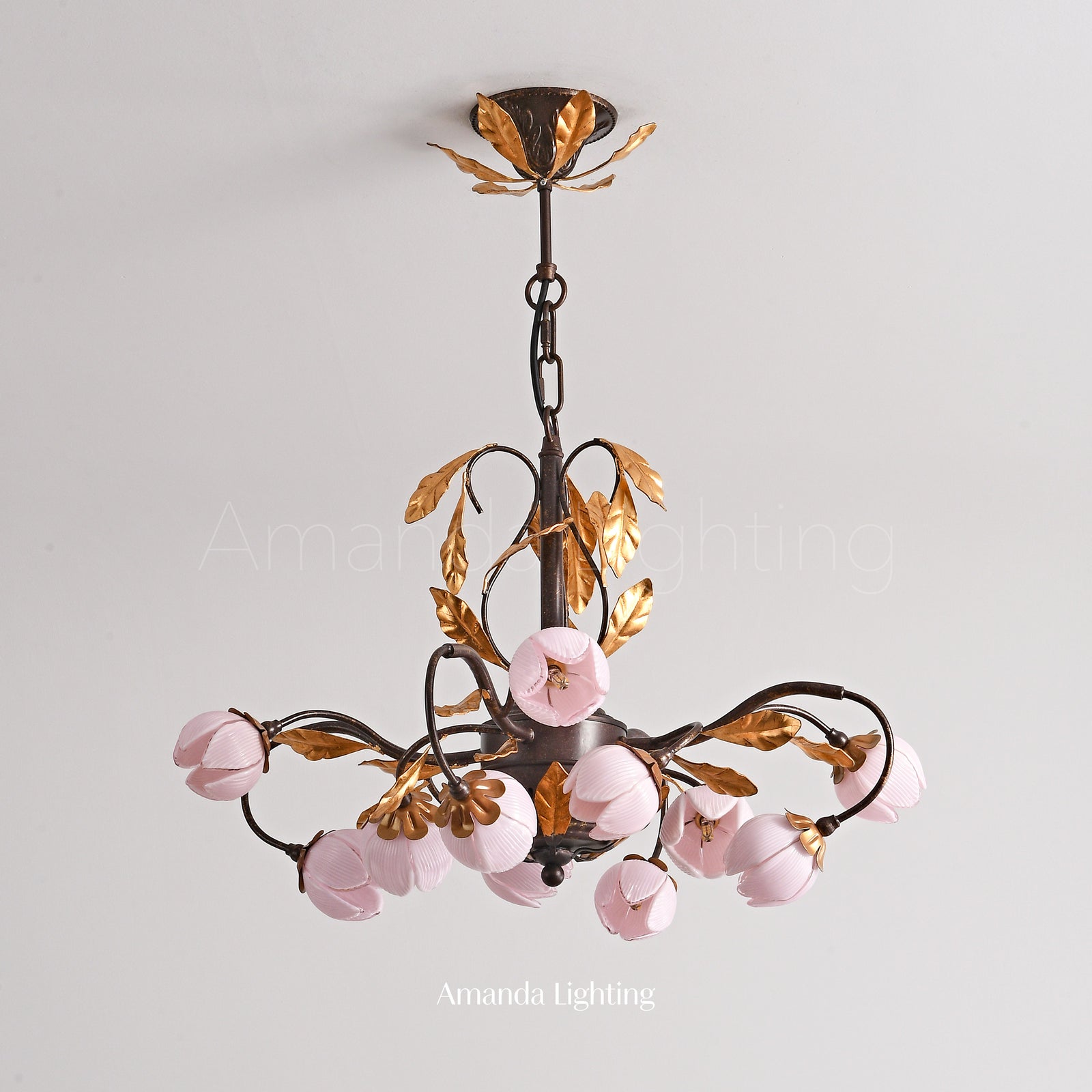 Romantic Chandelier Lighting With Pink Tulip Flower Lamp Shades - 12 Lights