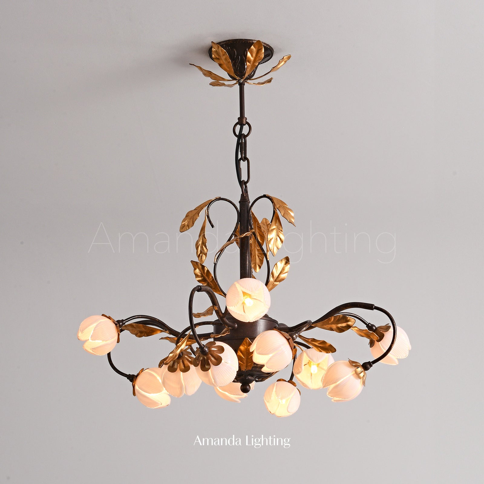 Romantic Chandelier Lighting With Pink Tulip Flower Lamp Shades - 12 Lights