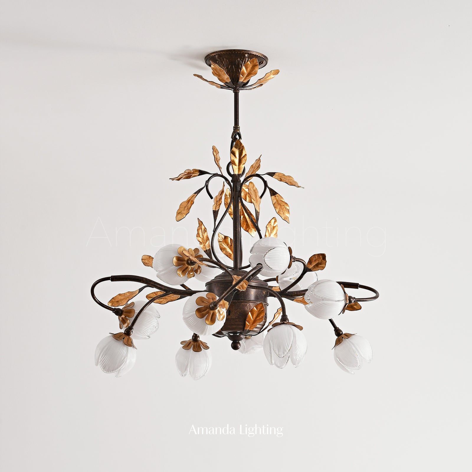 Romantic Chandelier Lighting With White Tulip Flower Lamp Shades - 12 Lights