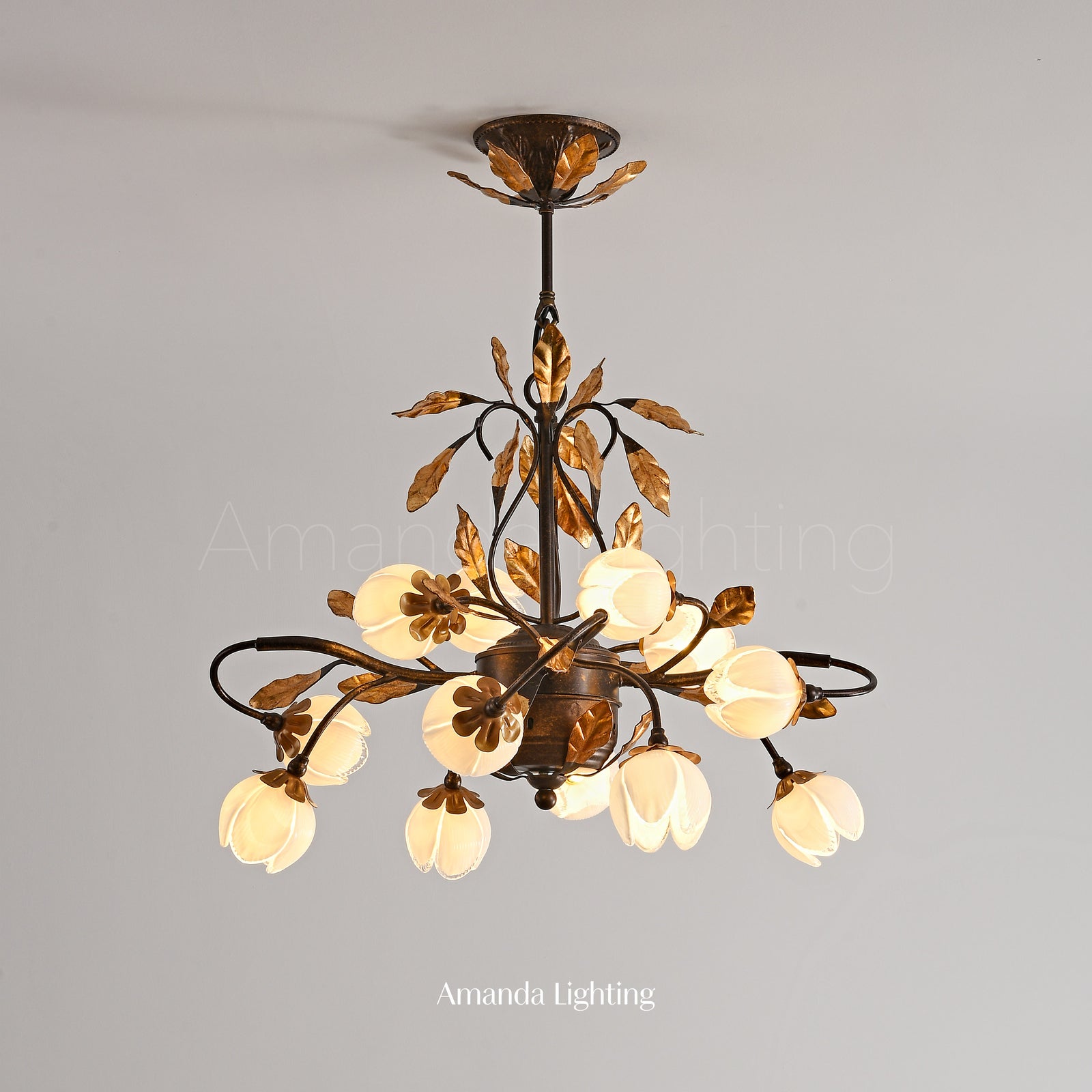 Romantic Chandelier Lighting With White Tulip Flower Lamp Shades - 12 Lights