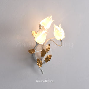 Art Deco White Tulip Flower Wall Sconce - 3 Lights