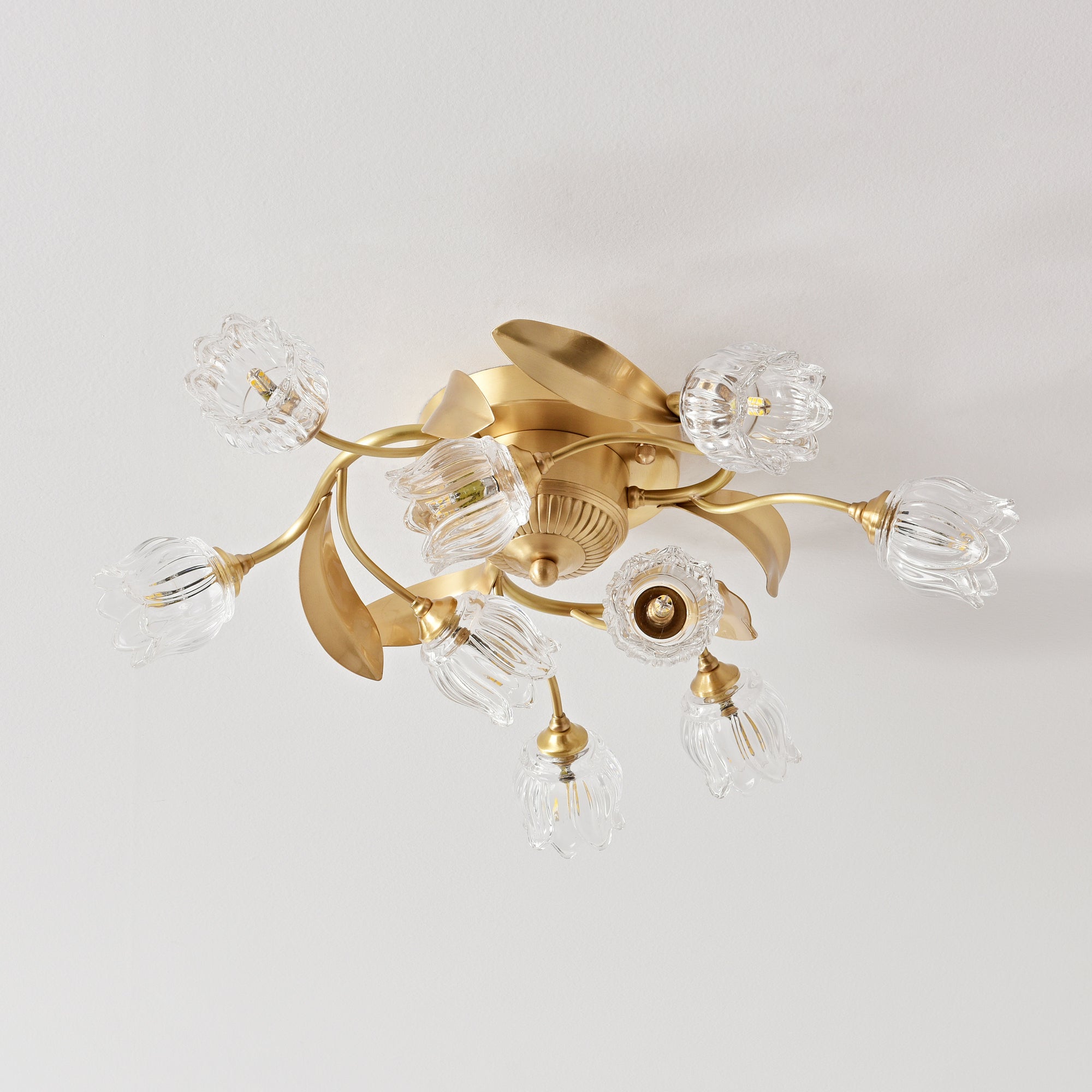 Brass Ceiling Light With Clear Glass Tulip Shades - 9 Lights