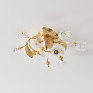 Brass Ceiling Light With Clear Glass Tulip Shades - 9 Lights