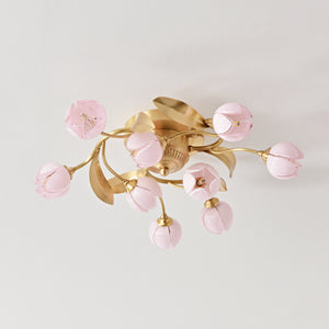 Brass Ceiling Light With Pink Tulip Shades - 9 Lights