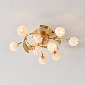 Brass Ceiling Light With Pink Tulip Shades - 9 Lights