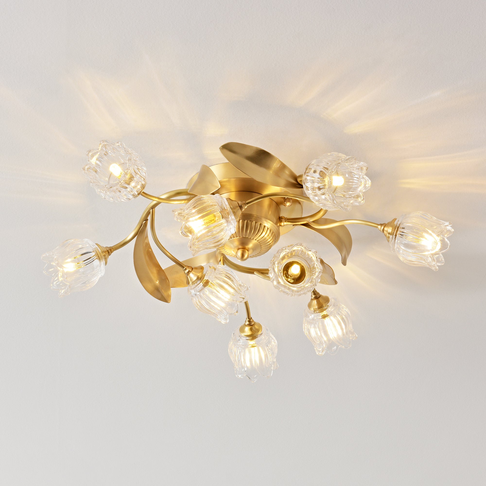 Brass Ceiling Light With Clear Glass Tulip Shades - 9 Lights