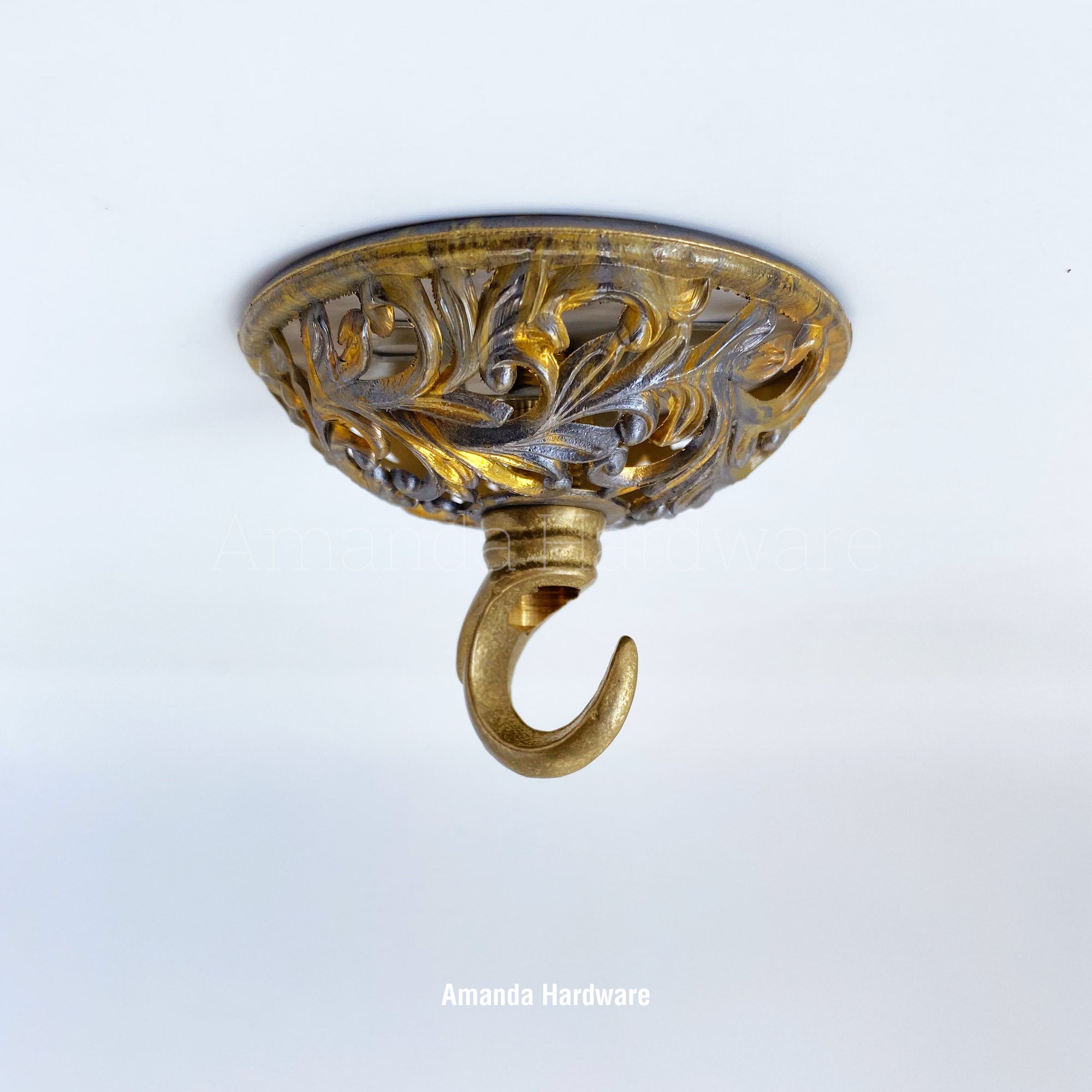 Round Floral Relief Brass Hook - 3in