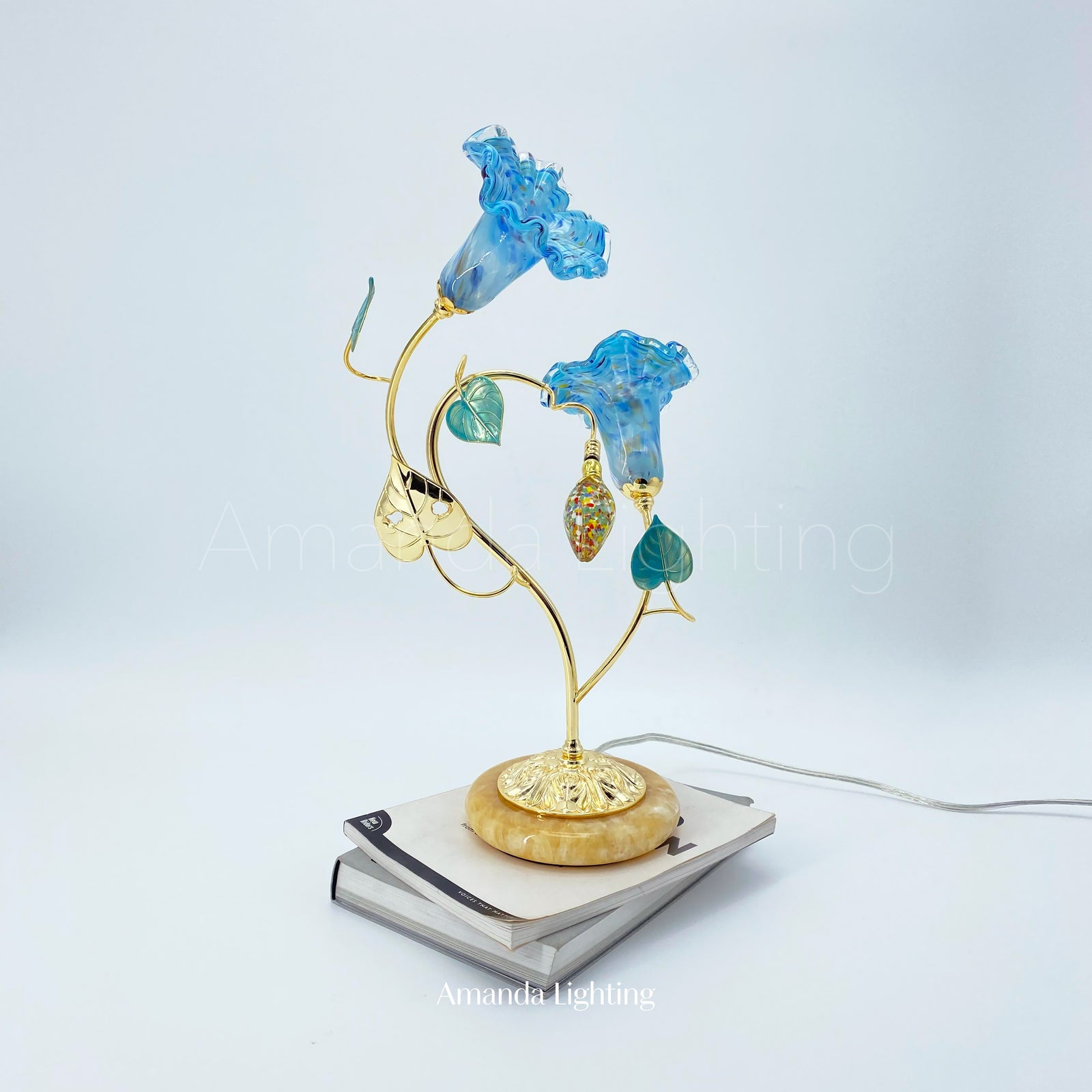 Brass Table Lamp With Blue Glass Lily Flower Lamp Shades - 2 Lights