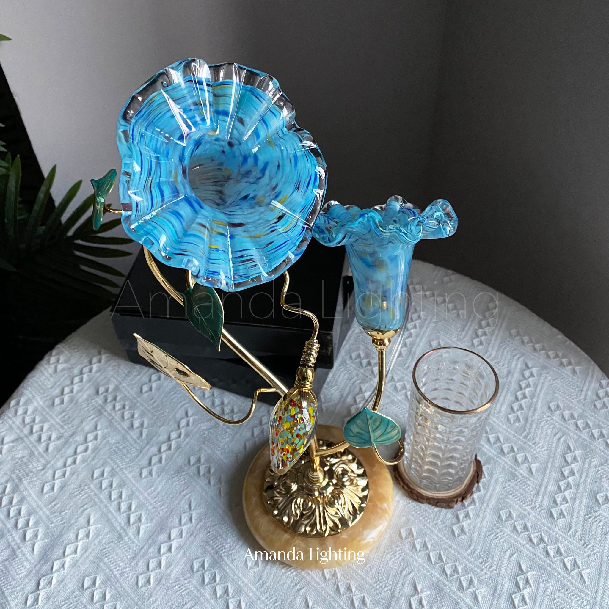 lily flower lamp Brass Table Lamp With Blue Glass Lily Flower Lamp Shades - 2 Lights
