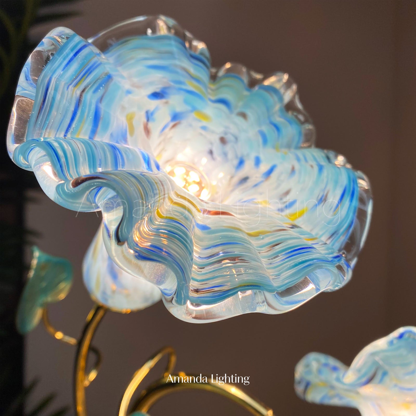 Brass Table Lamp With Blue Glass Lily Flower Lamp Shades - 2 Lights