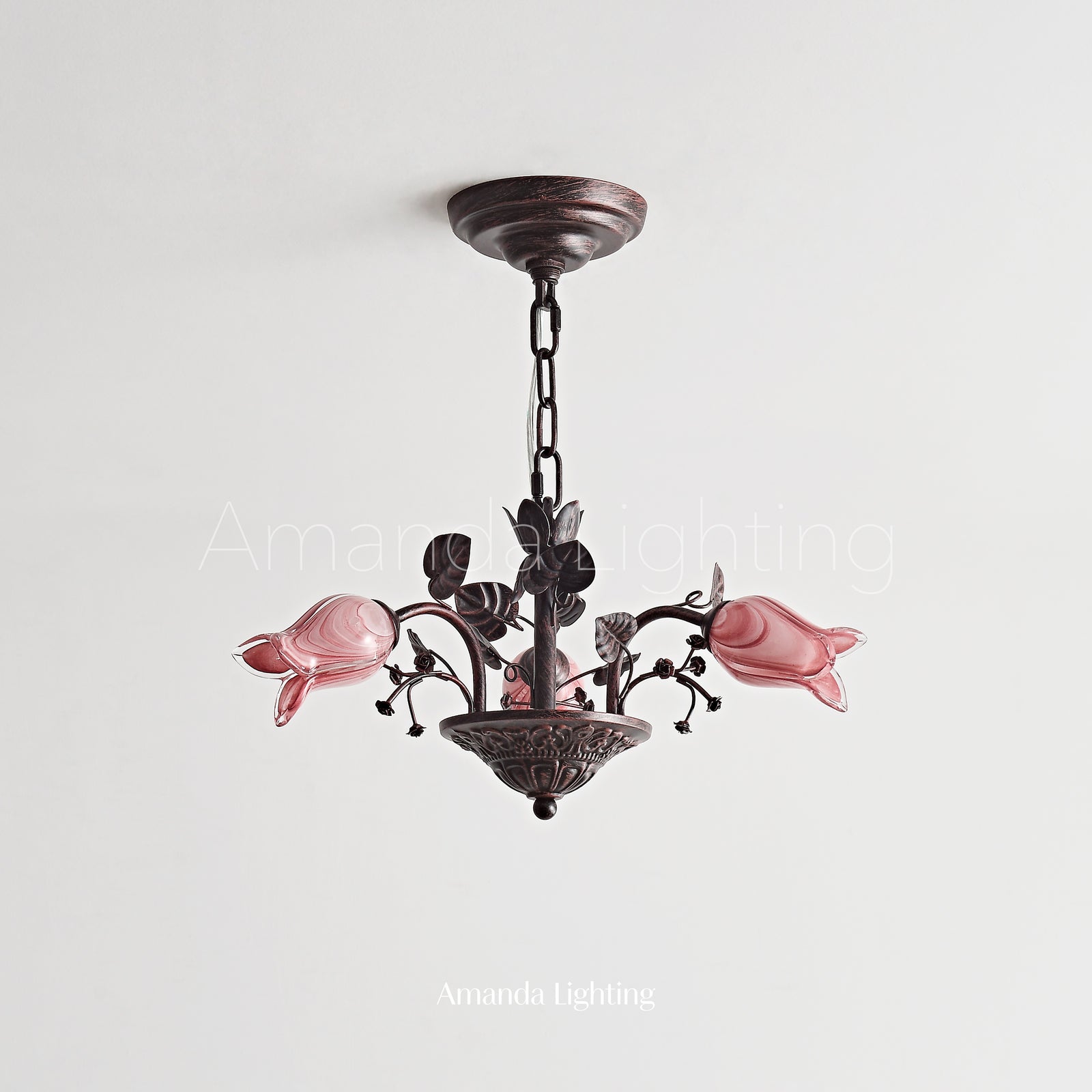 Floral Chandelier With Pink Tulip Lamp Shades - 3 Lights