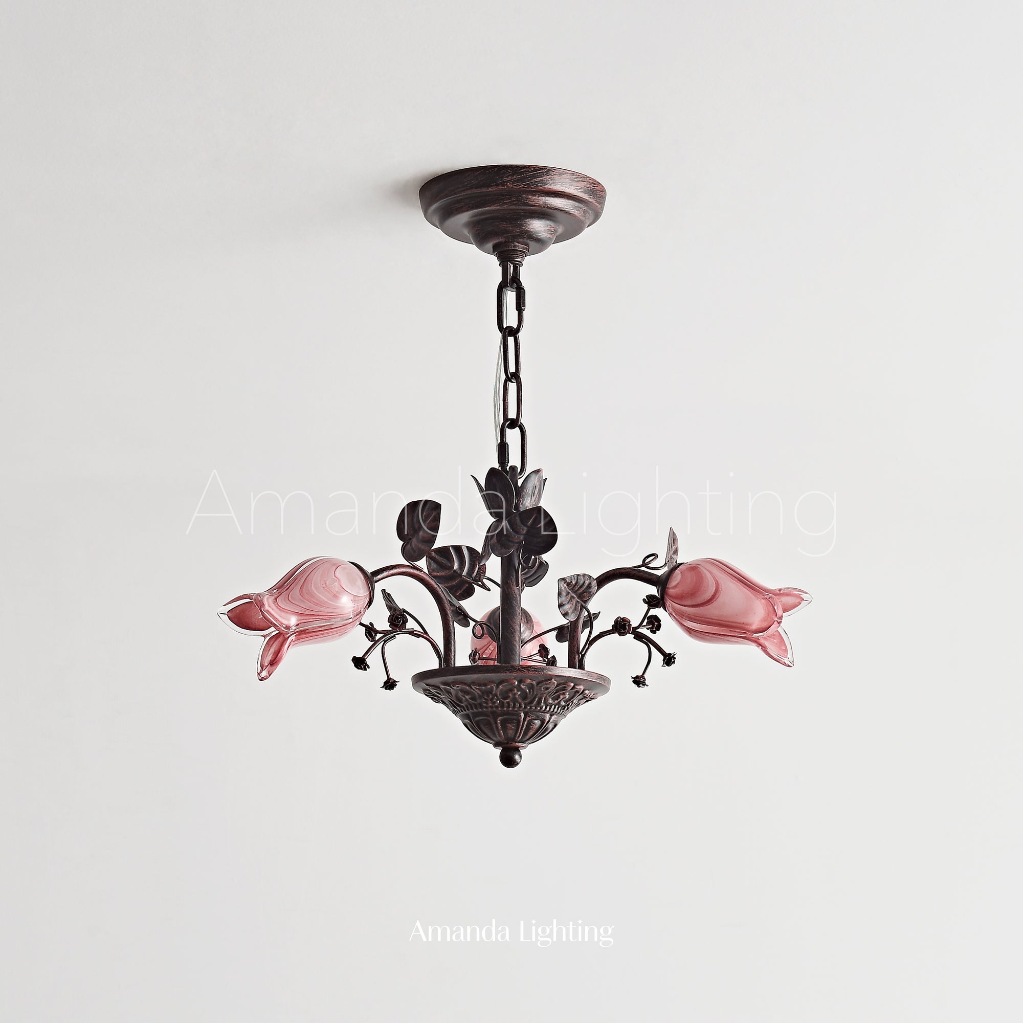 Floral Chandelier With Pink Tulip Lamp Shades - 3 Lights