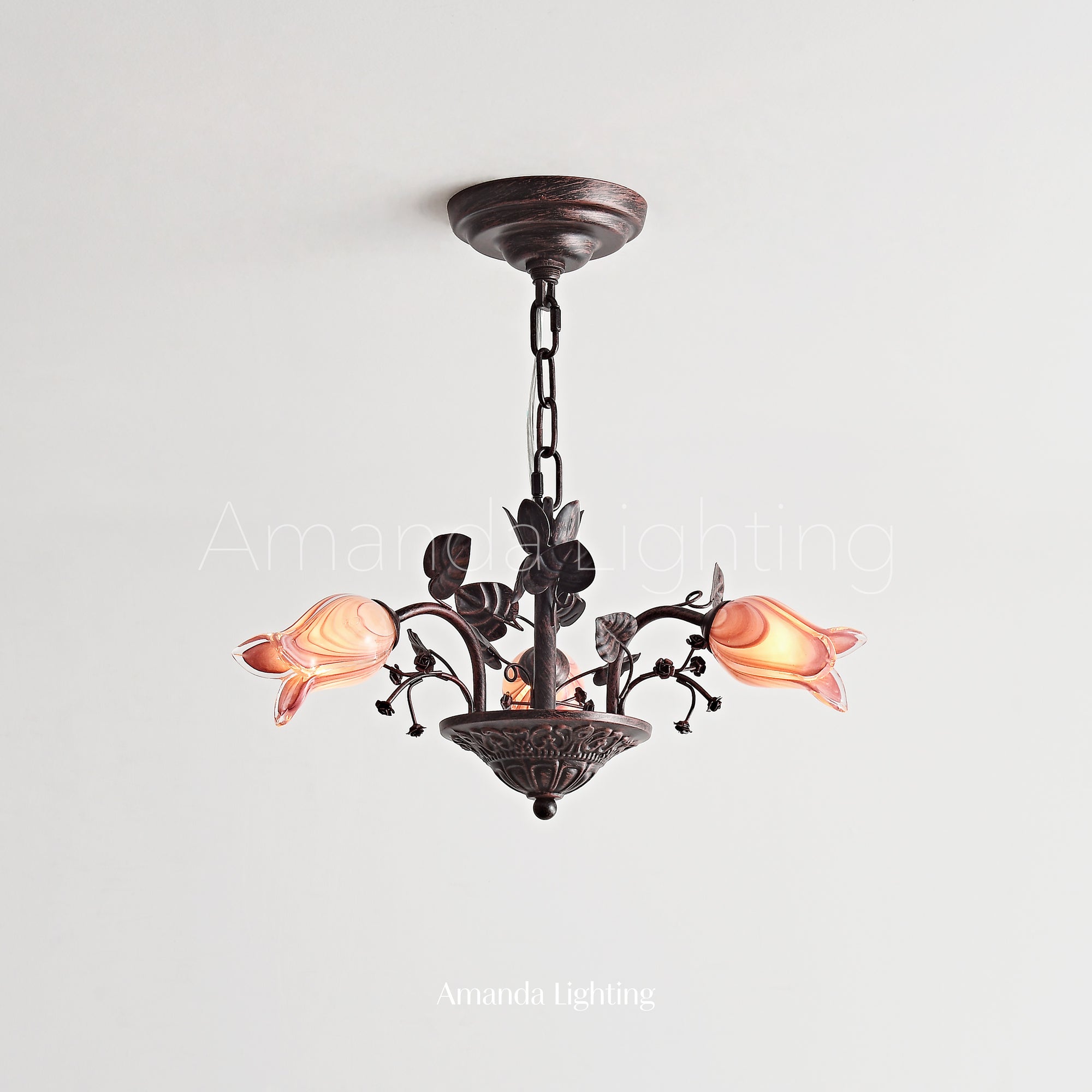 Floral Chandelier With Pink Tulip Lamp Shades - 3 Lights