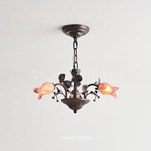 Floral Chandelier With Pink Tulip Lamp Shades - 3 Lights