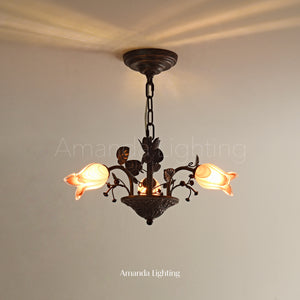 Floral Chandelier With Pink Tulip Lamp Shades - 3 Lights
