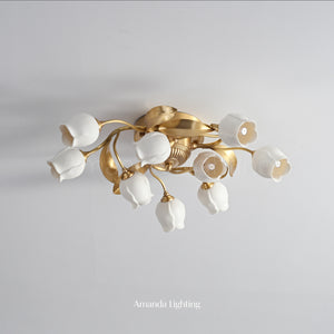 Brass Ceiling Light With White Ceramic Tulip Shades - 9 Lights