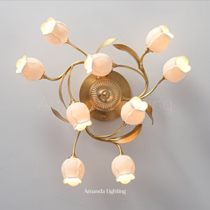 Brass Ceiling Light With White Ceramic Tulip Shades - 9 Lights