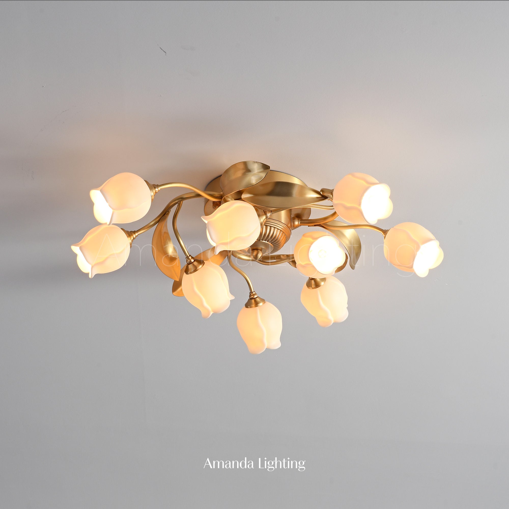 Brass Ceiling Light With White Ceramic Tulip Shades - 9 Lights