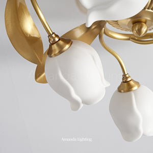 Brass Ceiling Light With White Ceramic Tulip Shades - 9 Lights