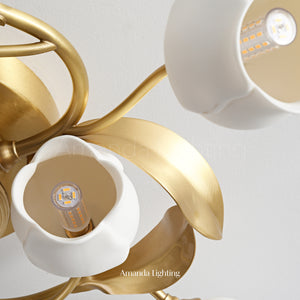 Brass Ceiling Light With White Ceramic Tulip Shades - 9 Lights