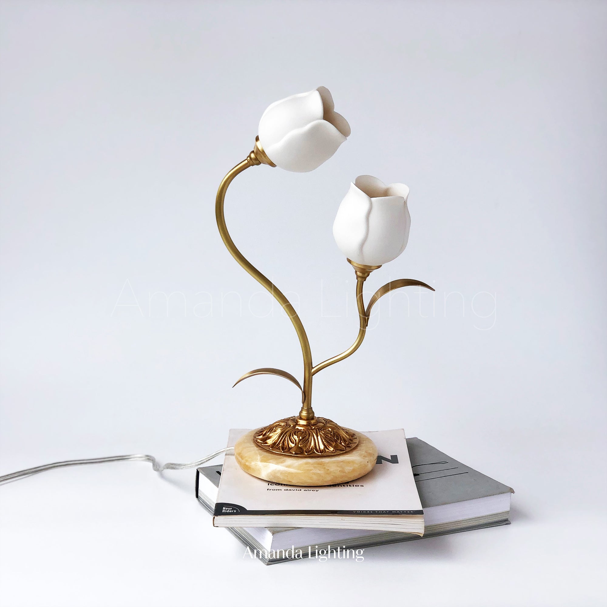 Brass Table Lamp With White Ceramic Tulip Shades - 2 Lights