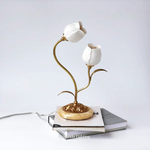 Brass Table Lamp With White Ceramic Tulip Shades - 2 Lights