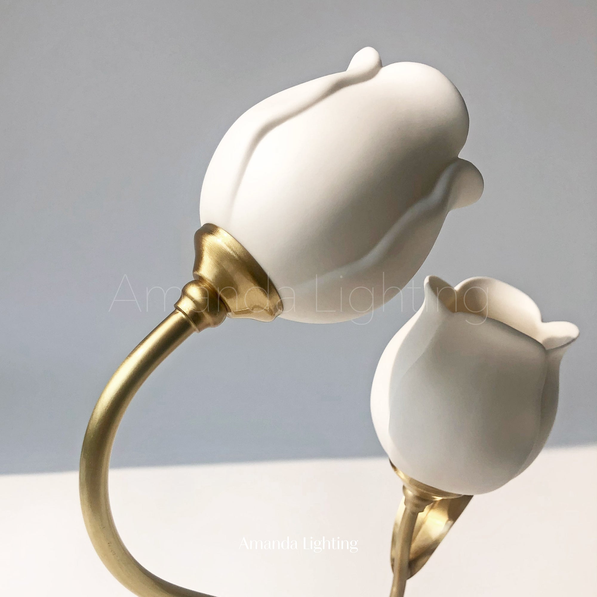 Brass Table Lamp With White Ceramic Tulip Shades - 2 Lights