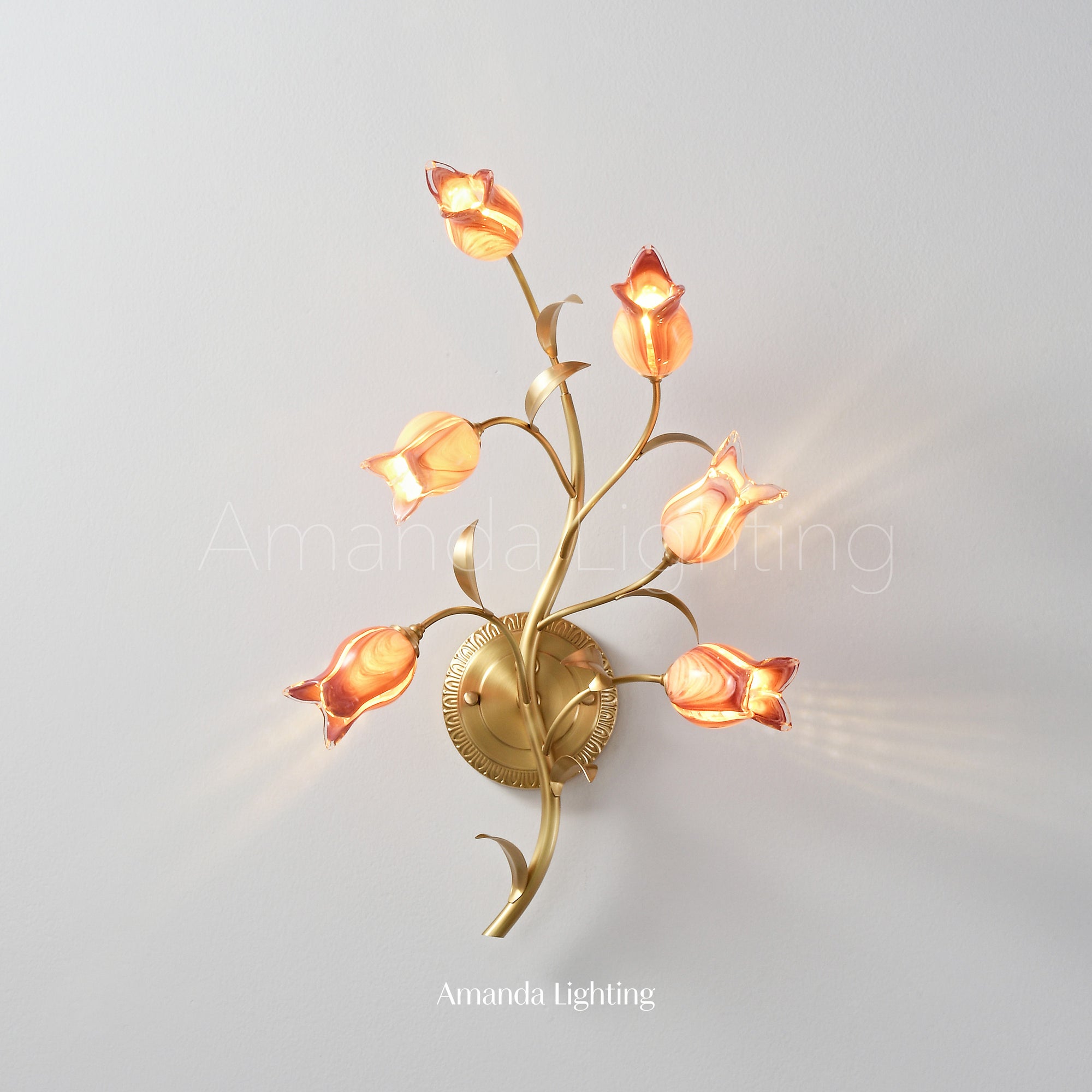 Modern Brass Wall Sconce With Pink Glass Tulip Shades - 6 Lights