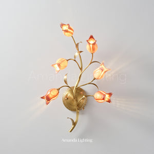 Modern Brass Wall Sconce With Pink Glass Tulip Shades - 6 Lights